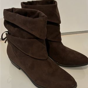 Dark brown slip on booty, with bow on back suede, like upper size 7 1/2